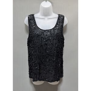 Vintage LORD & TAYLOR Sequin Black Beaded Top Sequins Pearls Silk Blouse Sz S